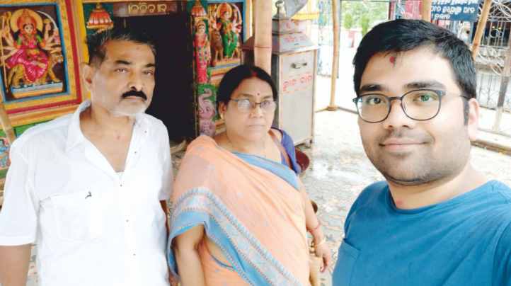 With his son
